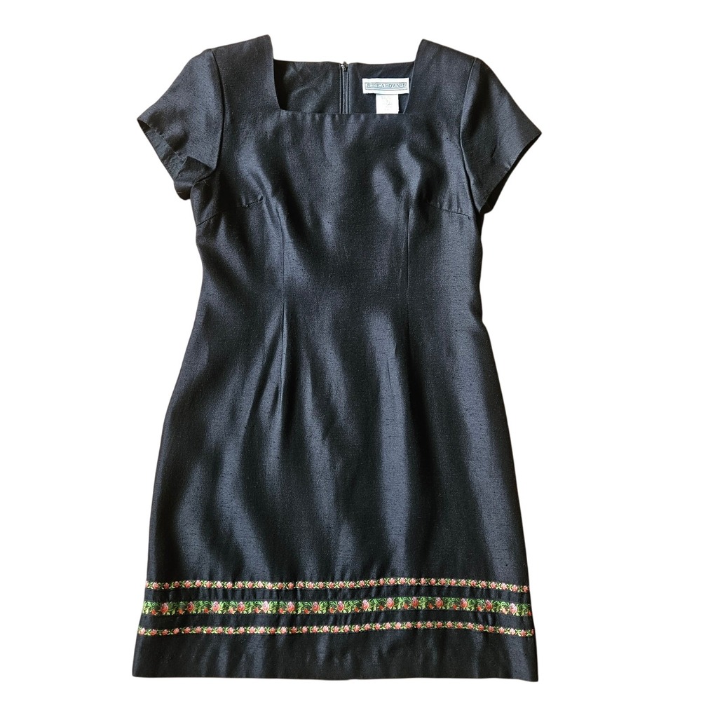 Vtg Jessica Howard Dress Size10 Black Floral Embroidered Square Neck Cottagecore